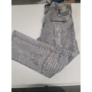 Focus Jeans Mens‎ 42x32 Gray Acid Wash Moto Biker Distressed Slim Fit Denim